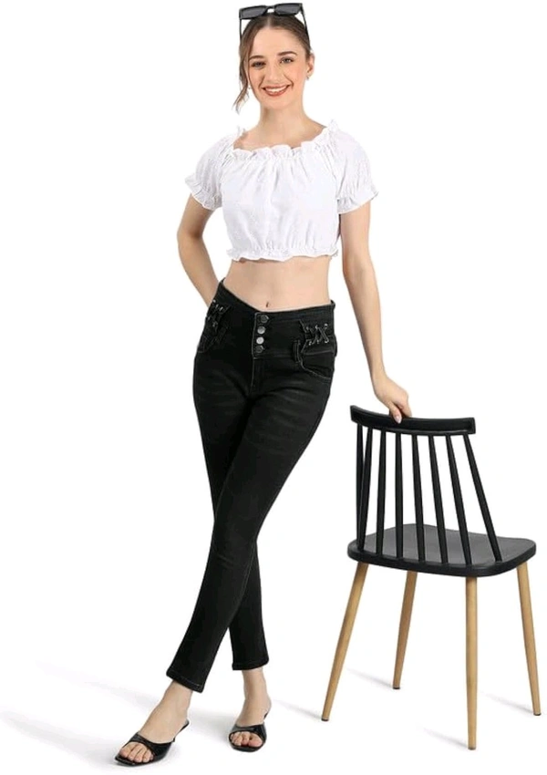 White Self Design Puff Sleeve Schiffli Blouson Crop Top - White, XL