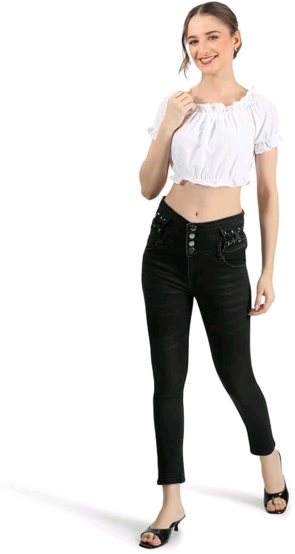 White Self Design Puff Sleeve Schiffli Blouson Crop Top - White, XL