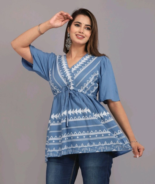 Girls Rayon Printed Festival Regular for Women's Top (White - Polo Blue, XL