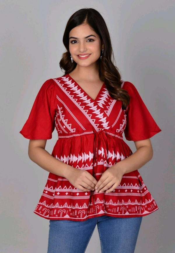 Girls Rayon Printed Festival Regular for Women's Top (White - Carmine, XL