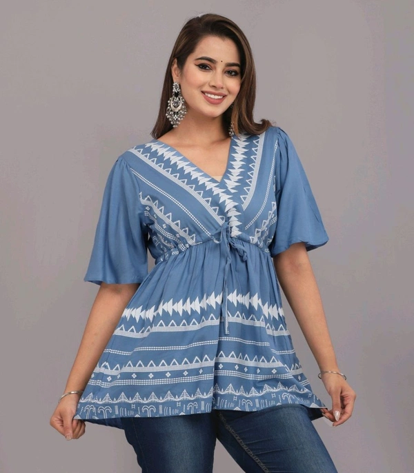 Girls Rayon Printed Festival Regular for Women's Top (White - Polo Blue, 2XL