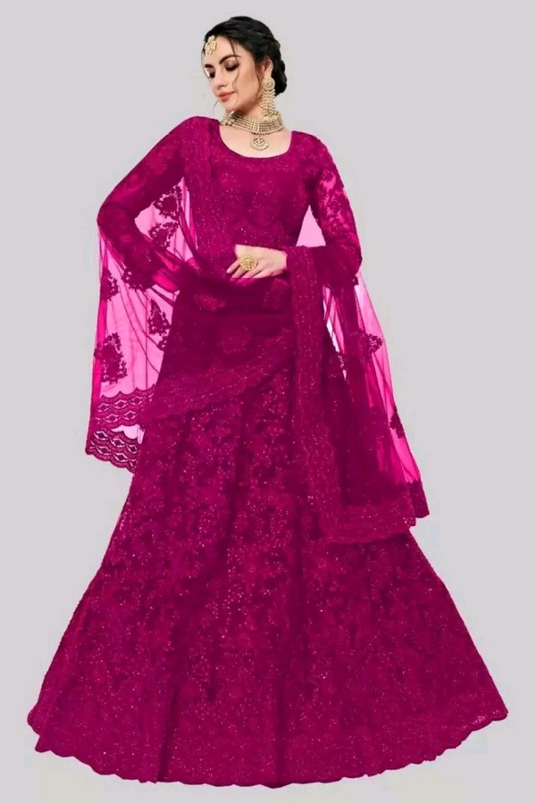 Solid, Embroidered, Embellished, Self Design Semi Stitched Lehenga Choli (Green) - Cardinal Pink, Free Size