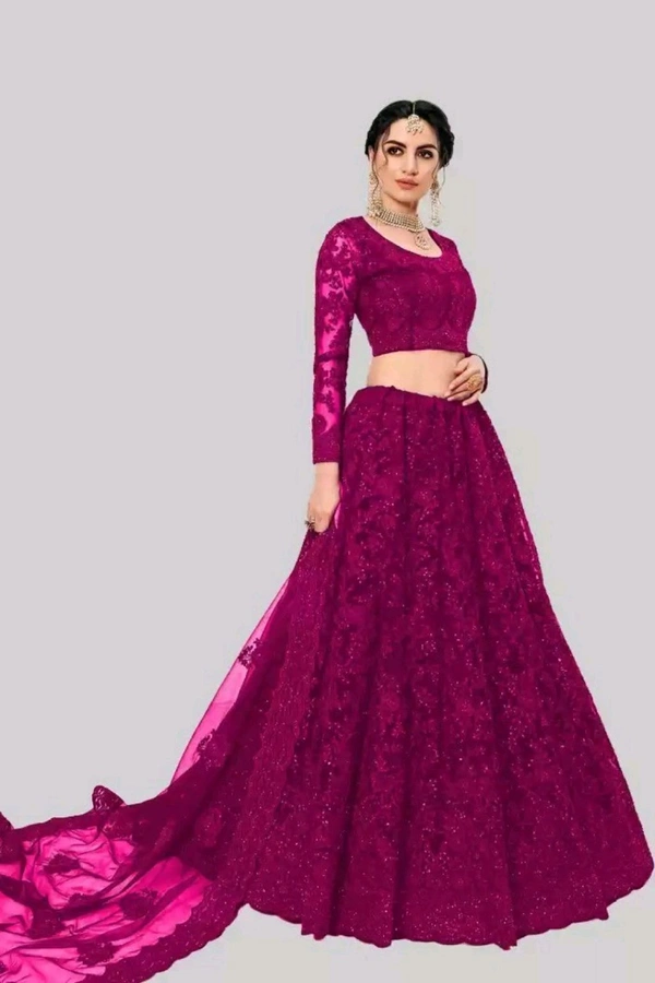 Solid, Embroidered, Embellished, Self Design Semi Stitched Lehenga Choli (Green) - Cardinal Pink, Free Size