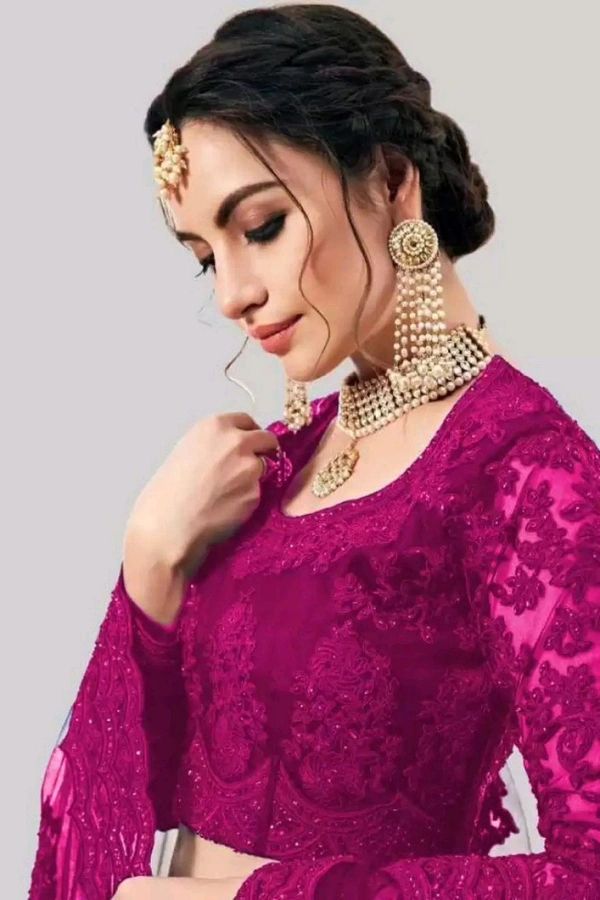 Solid, Embroidered, Embellished, Self Design Semi Stitched Lehenga Choli (Green) - Cardinal Pink, Free Size