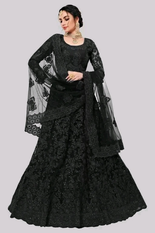 Solid, Embroidered, Embellished, Self Design Semi Stitched Lehenga Choli (Green) - Black, Free Size