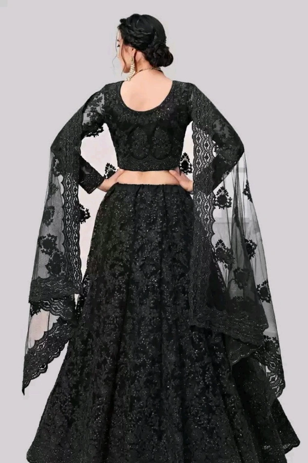 Solid, Embroidered, Embellished, Self Design Semi Stitched Lehenga Choli (Green) - Black, Free Size