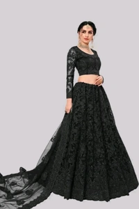 Solid, Embroidered, Embellished, Self Design Semi Stitched Lehenga Choli (Green) - Black, Free Size