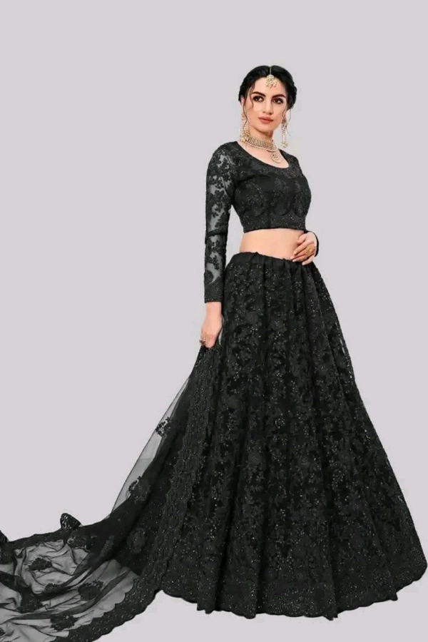 Solid, Embroidered, Embellished, Self Design Semi Stitched Lehenga Choli (Green) - Black, Free Size