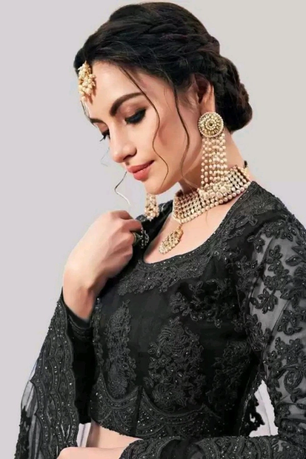Solid, Embroidered, Embellished, Self Design Semi Stitched Lehenga Choli (Green) - Black, Free Size