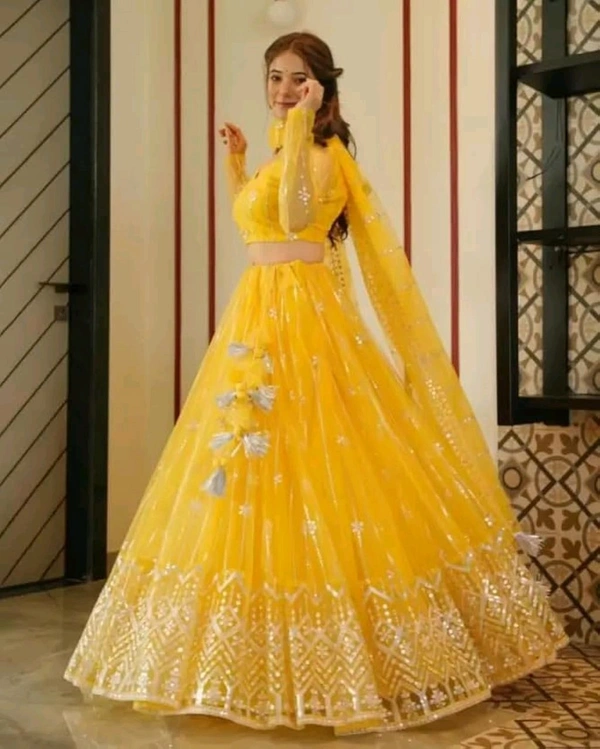 Women's Net Semi-Stitched Lehenga Choli (Yellow) - Yellow, Free Size