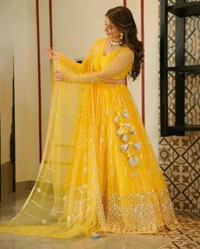 Women's Net Semi-Stitched Lehenga Choli (Yellow) - Yellow, Free Size