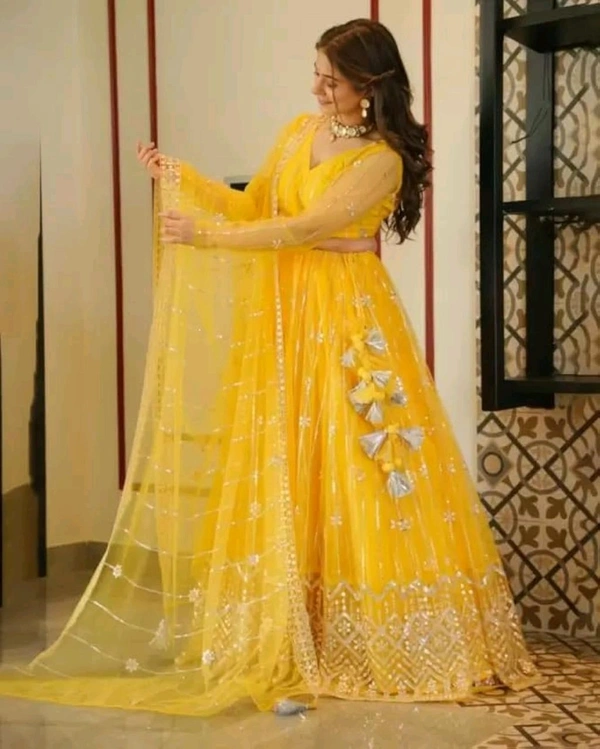 Women's Net Semi-Stitched Lehenga Choli (Yellow) - Yellow, Free Size
