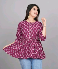 Women's Maroon Floral Printed Short Kurta, Casual Kurta for Girls and Women, Flared Short Kurta & Tunic - Rouge, M