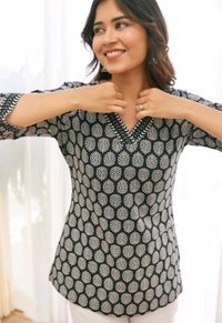 Black Jaal Floral Print Top Cotton V-Neck Short Kurti Tunic for Women - Pablo, L
