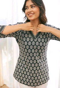 Black Jaal Floral Print Top Cotton V-Neck Short Kurti Tunic for Women - Pablo, M