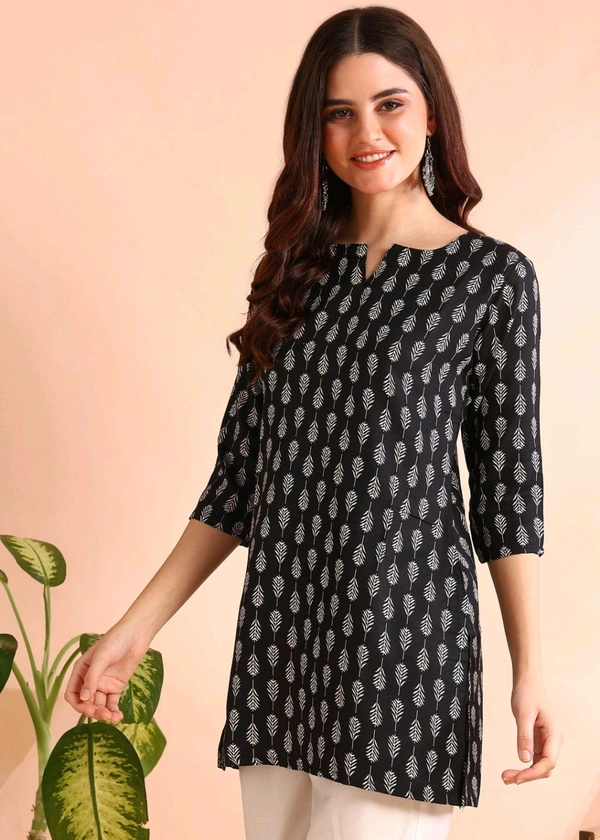 Women Floral Print Cotton Rayon Straight Kurta (Blue) - Black, L