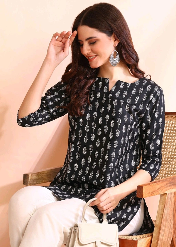 Women Floral Print Cotton Rayon Straight Kurta (Blue) - Black, L
