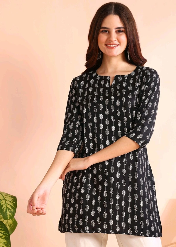 Women Floral Print Cotton Rayon Straight Kurta (Blue) - Black, M
