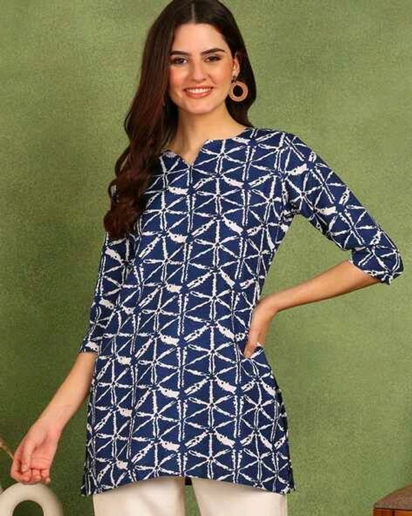Turquoise Printed Poly Rayon Short Kurti For Women And Girls - Rhino, L