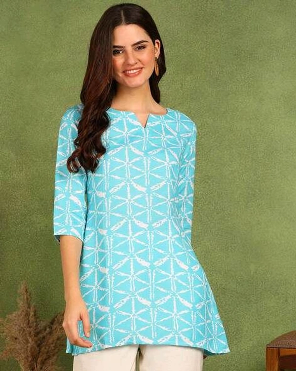 Turquoise Printed Poly Rayon Short Kurti For Women And Girls - Spray, M