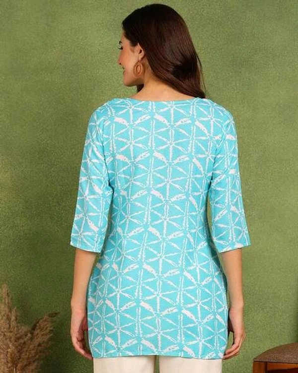 Turquoise Printed Poly Rayon Short Kurti For Women And Girls - Spray, M