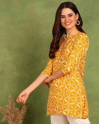 Turquoise Printed Poly Rayon Short Kurti For Women And Girls - Sea Buckthorn, Xs