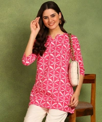 Turquoise Printed Poly Rayon Short Kurti For Women And Girls - Cerise Red, Xs