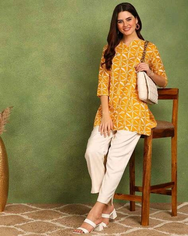 Turquoise Printed Poly Rayon Short Kurti For Women And Girls - Sea Buckthorn, XL