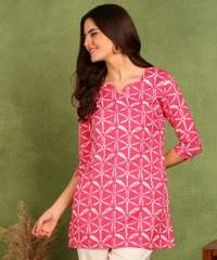 Turquoise Printed Poly Rayon Short Kurti For Women And Girls - Cerise Red, XL