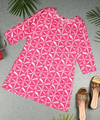 Turquoise Printed Poly Rayon Short Kurti For Women And Girls - Cerise Red, XL