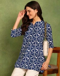 Turquoise Printed Poly Rayon Short Kurti For Women And Girls - Rhino, XXL