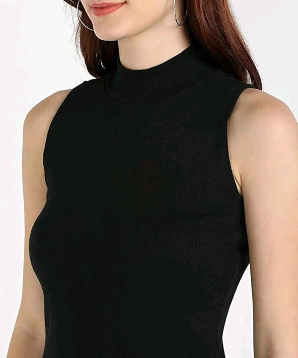 Women's Essential Tank Top High/Mock Neck Full Length Turtle Neck Sleeveless Knit Rib Stretchable CT-03 - Black, L