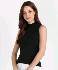 Women's Essential Tank Top High/Mock Neck Full Length Turtle Neck Sleeveless Knit Rib Stretchable CT-03 - White, S