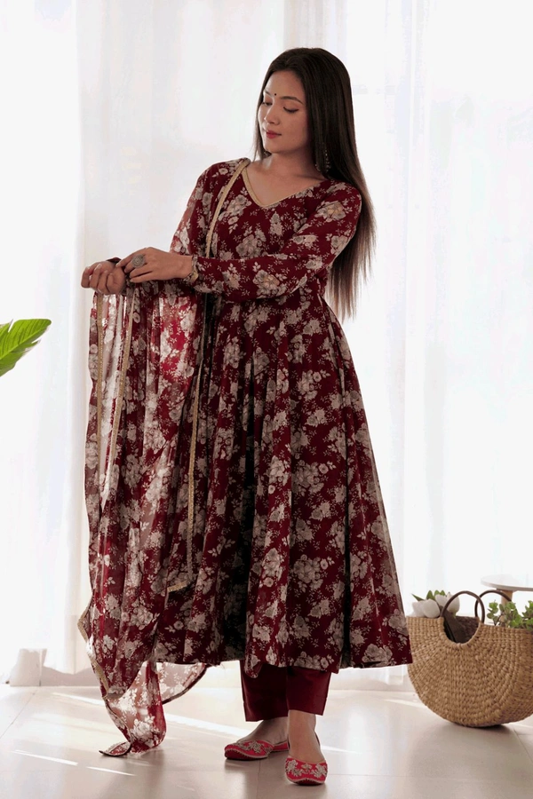 Glamwiz Maroon Floral Printed Anarkali Suit - Cocoa Bean, L