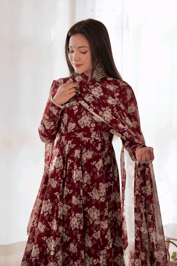 Glamwiz Maroon Floral Printed Anarkali Suit - Cocoa Bean, L