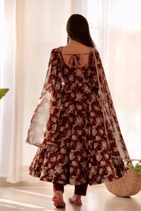 Glamwiz Maroon Floral Printed Anarkali Suit - Cocoa Bean, M