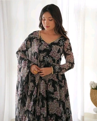 Glamwiz Maroon Floral Printed Anarkali Suit - Black, XL