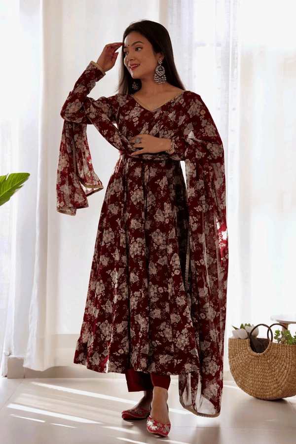 Glamwiz Maroon Floral Printed Anarkali Suit - Cocoa Bean, XXL