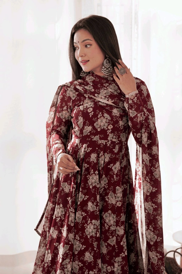 Glamwiz Maroon Floral Printed Anarkali Suit - Cocoa Bean, XXL