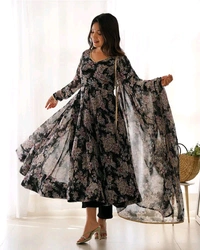 Glamwiz Maroon Floral Printed Anarkali Suit - Black, XXL