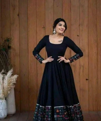 Viscose Rayon Stitched Anarkali Gown (Blue) - Black, L