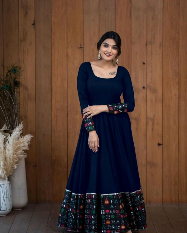 Viscose Rayon Stitched Anarkali Gown (Blue) - Cloud Burst, M