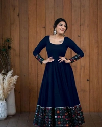Viscose Rayon Stitched Anarkali Gown (Blue) - Cloud Burst, M