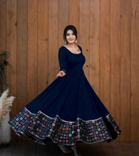 Viscose Rayon Stitched Anarkali Gown (Blue) - Cloud Burst, M