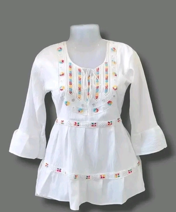 Casual Bell Sleeves Self Design, Lace, Embroidered Women White Top - White, M