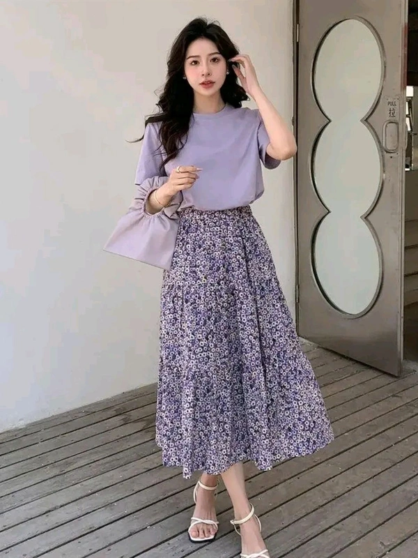 Lavender Floral Skirt Korean Co-ord Set for Women - Amethyst Smoke, L