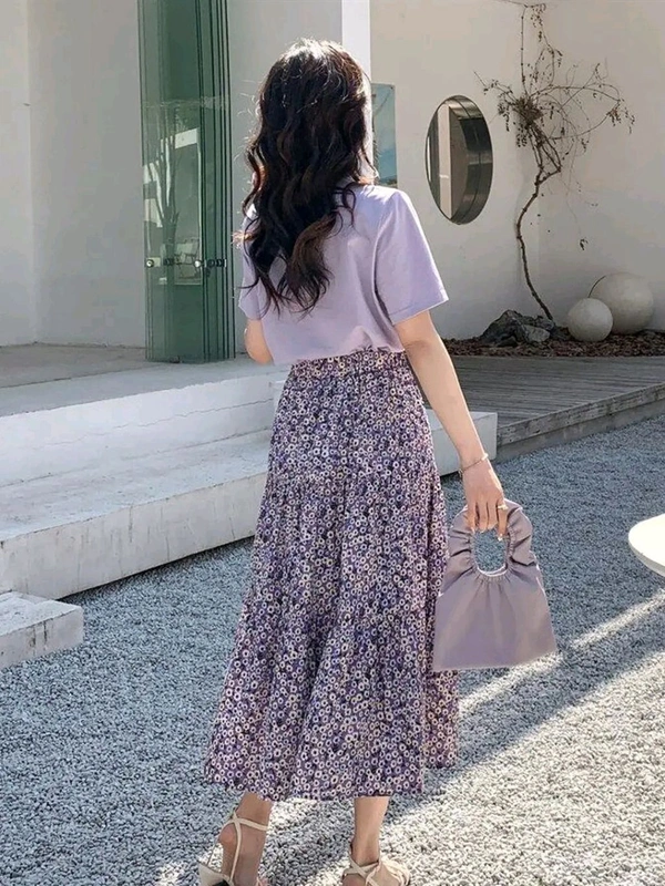 Lavender Floral Skirt Korean Co-ord Set for Women - Amethyst Smoke, L