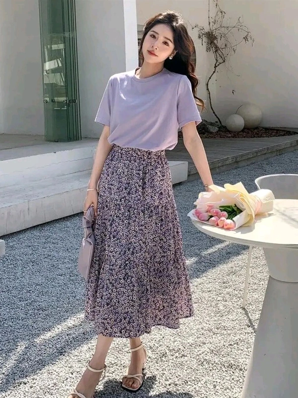 Lavender Floral Skirt Korean Co-ord Set for Women - Amethyst Smoke, M