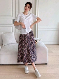 Lavender Floral Skirt Korean Co-ord Set for Women - White, XL