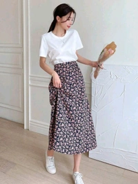 Lavender Floral Skirt Korean Co-ord Set for Women - White, XL